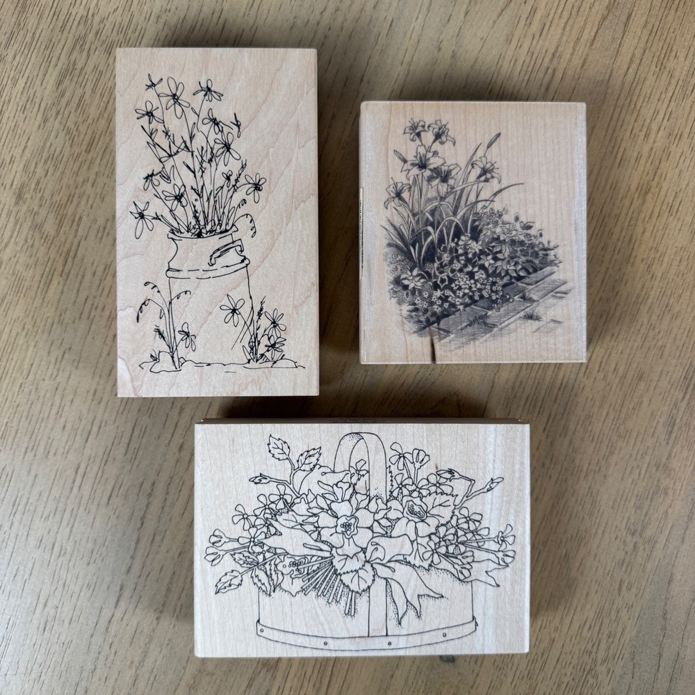 Vintage Wildflower Rubber Stamps Lot 3 Oversized Wood Mounted Cottagecore